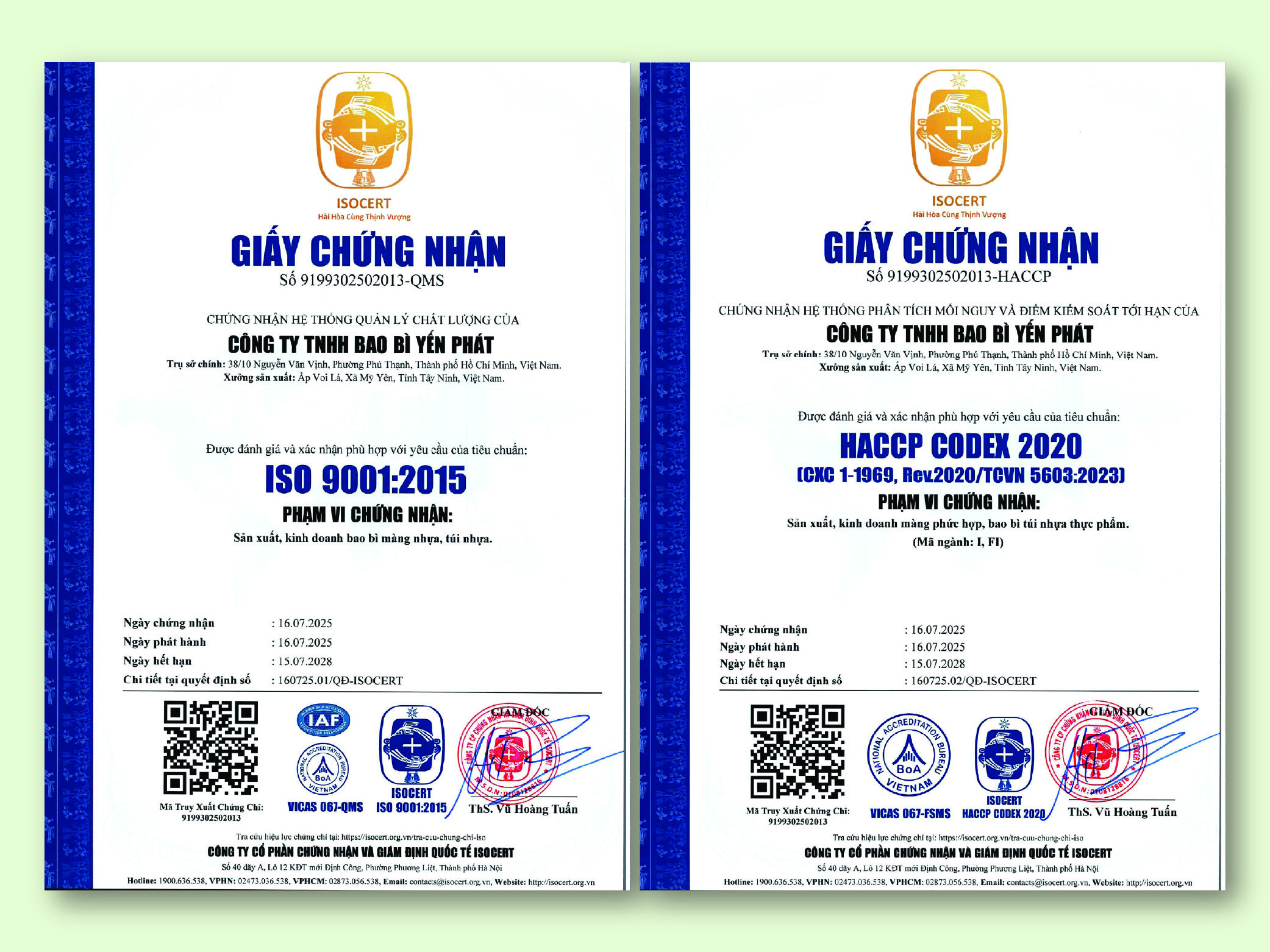 Chứng nhận đạt chuẩn của xưởng sản xuất bao bì Yến Phát Packaging